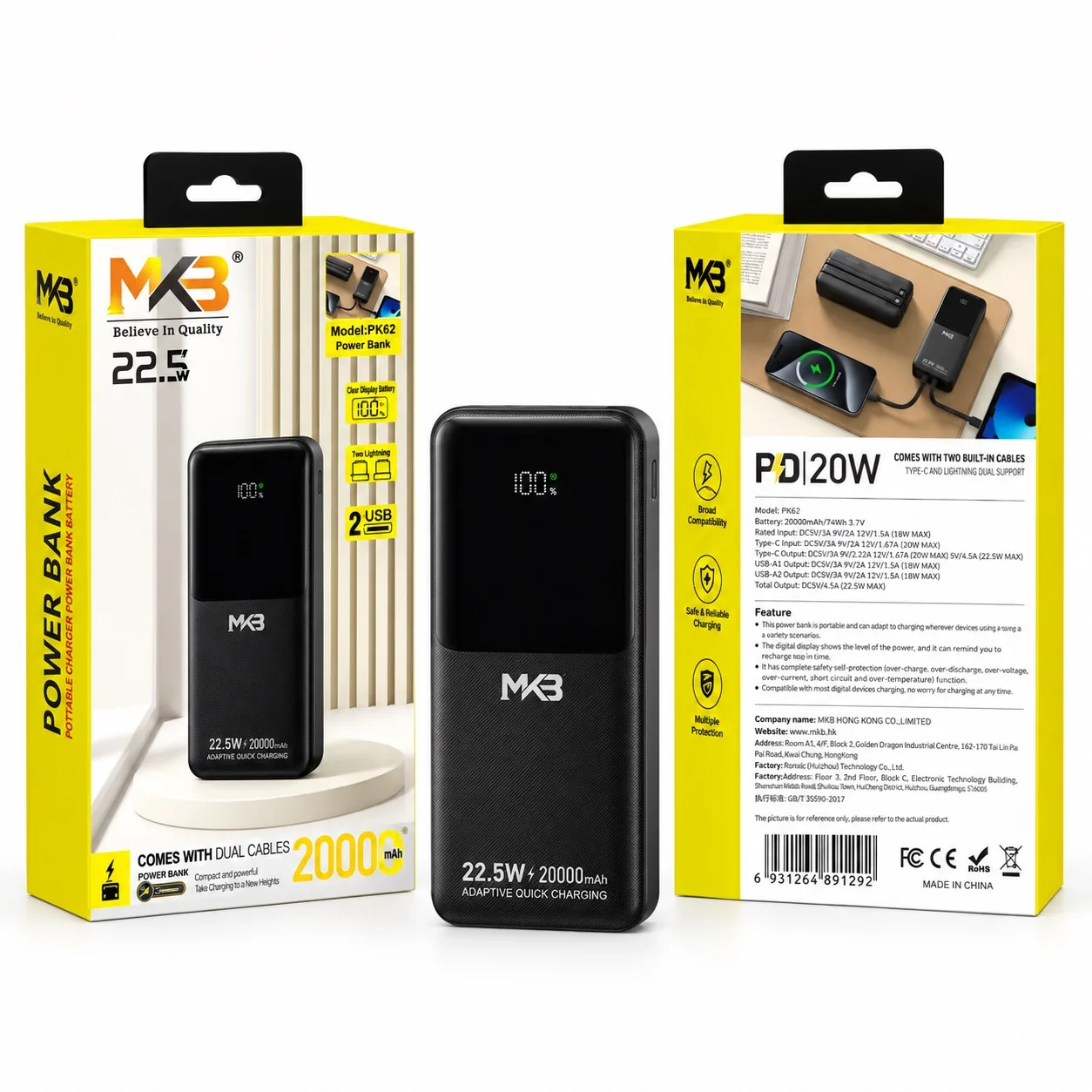 MKB PK62 Dual Cables 20000mAh 22.5W Fast Charging Power Bank