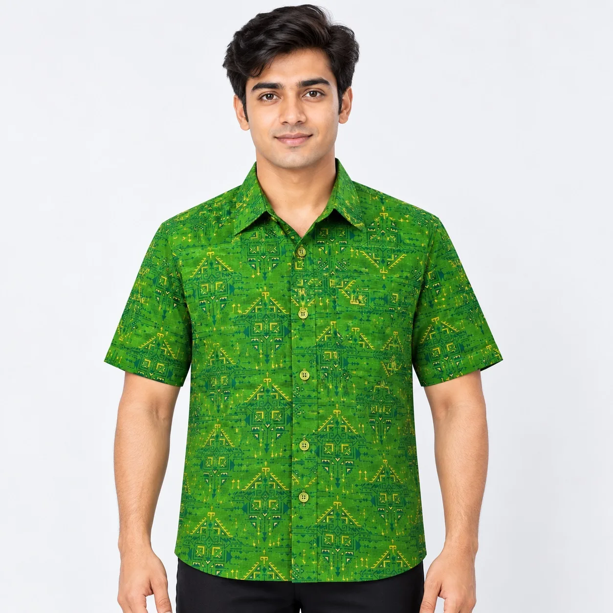 Green Geometric Printed Short Sleeve Shirt for Men