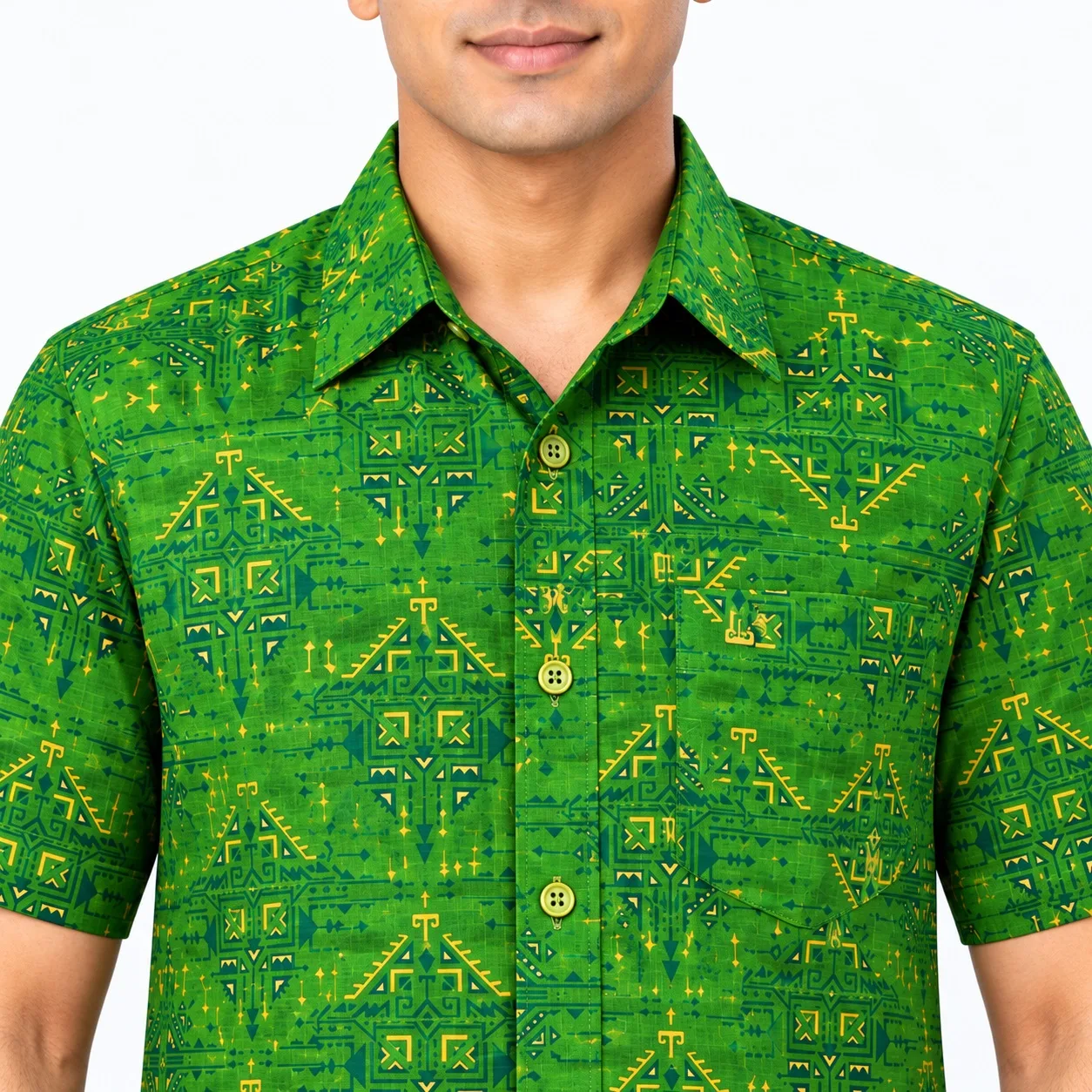 Green Geometric Printed Short Sleeve Shirt for Men