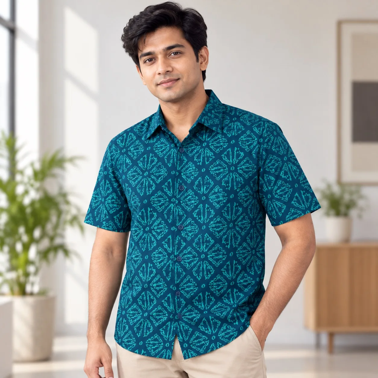 Men’s Premium Teal Geometric Printed Half Sleeve Shirt