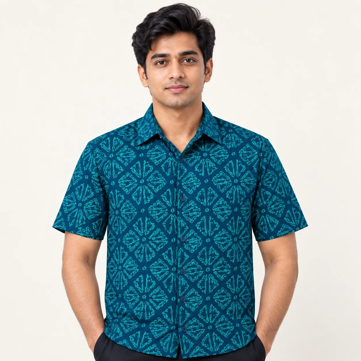 Men’s Premium Teal Geometric Printed Half Sleeve Shirt
