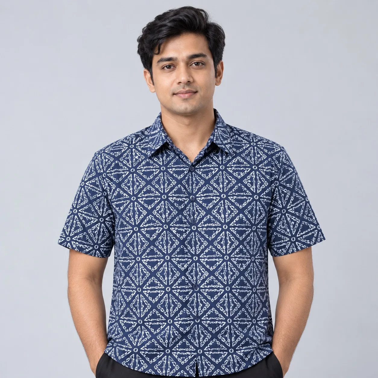 Men’s Premium Navy Blue & White Geometric Printed Half Sleeve Shirt