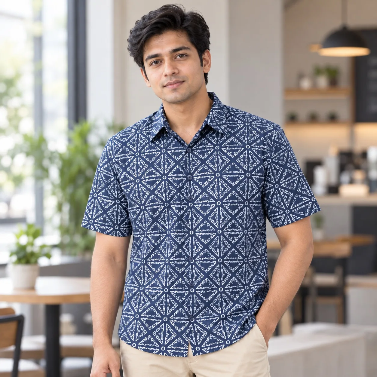 Men’s Premium Navy Blue & White Geometric Printed Half Sleeve Shirt