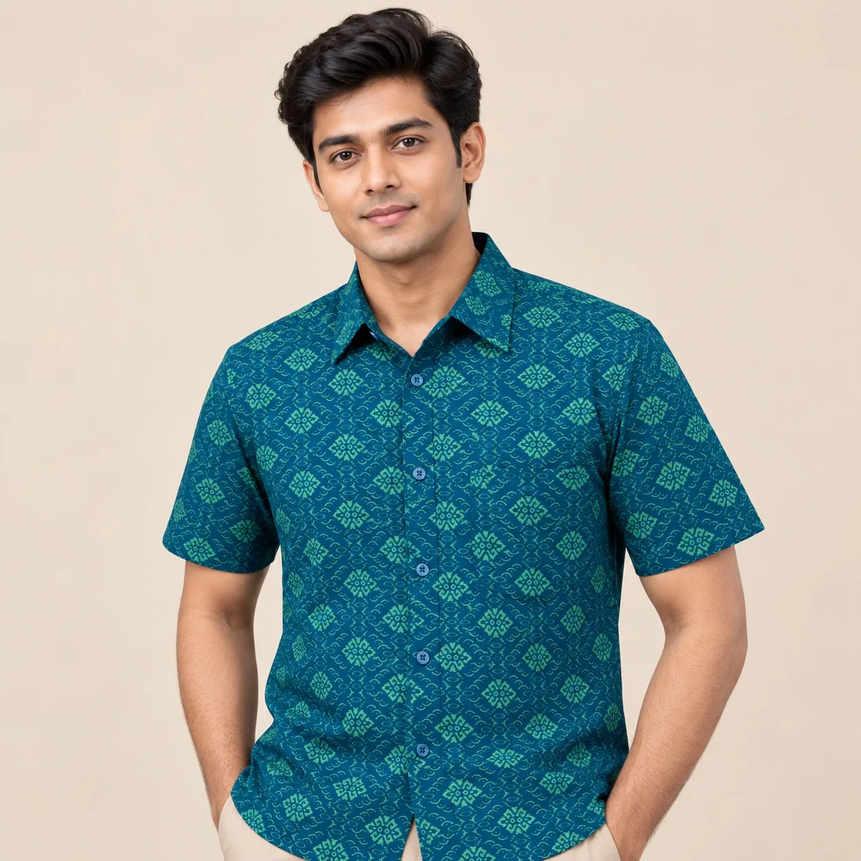 Men’s Premium Arong Cotton Printed Half Sleeve Shirt – Green