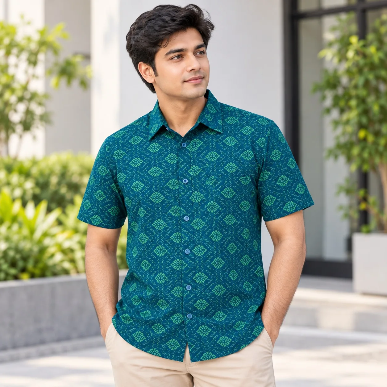 Men’s Premium Arong Cotton Printed Half Sleeve Shirt – Green