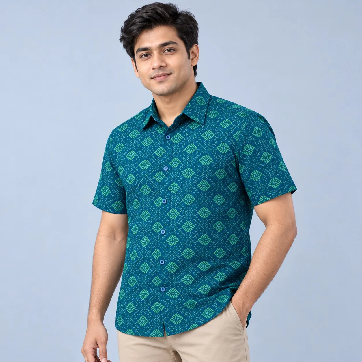 Men’s Premium Arong Cotton Printed Half Sleeve Shirt – Green
