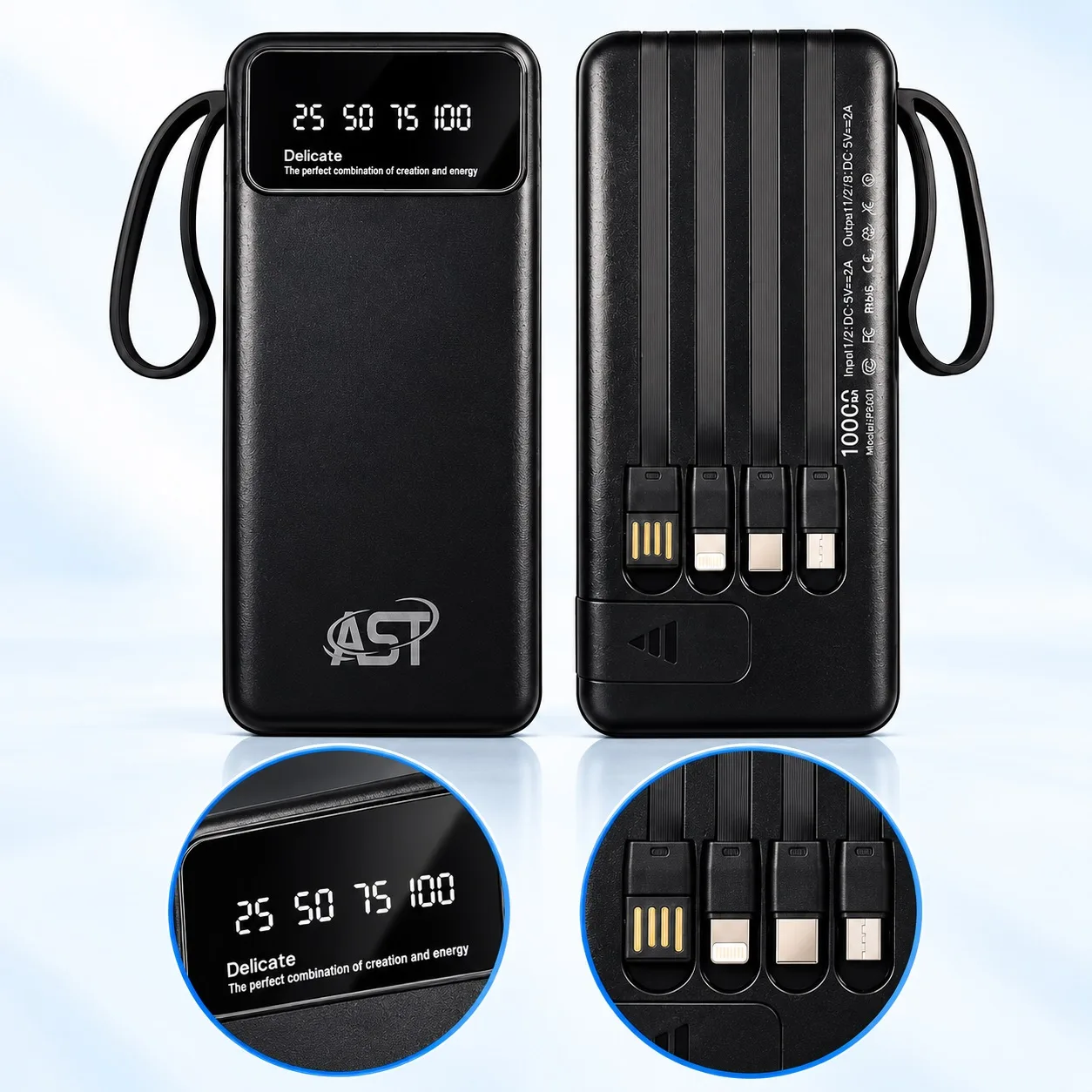 AST PB001 10000mAh Power Bank with Built-in 3-in-1 Cable & Digital Display