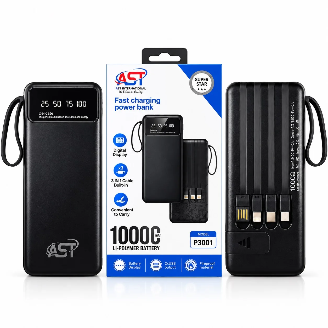 AST PB001 10000mAh Power Bank with Built-in 3-in-1 Cable & Digital Display