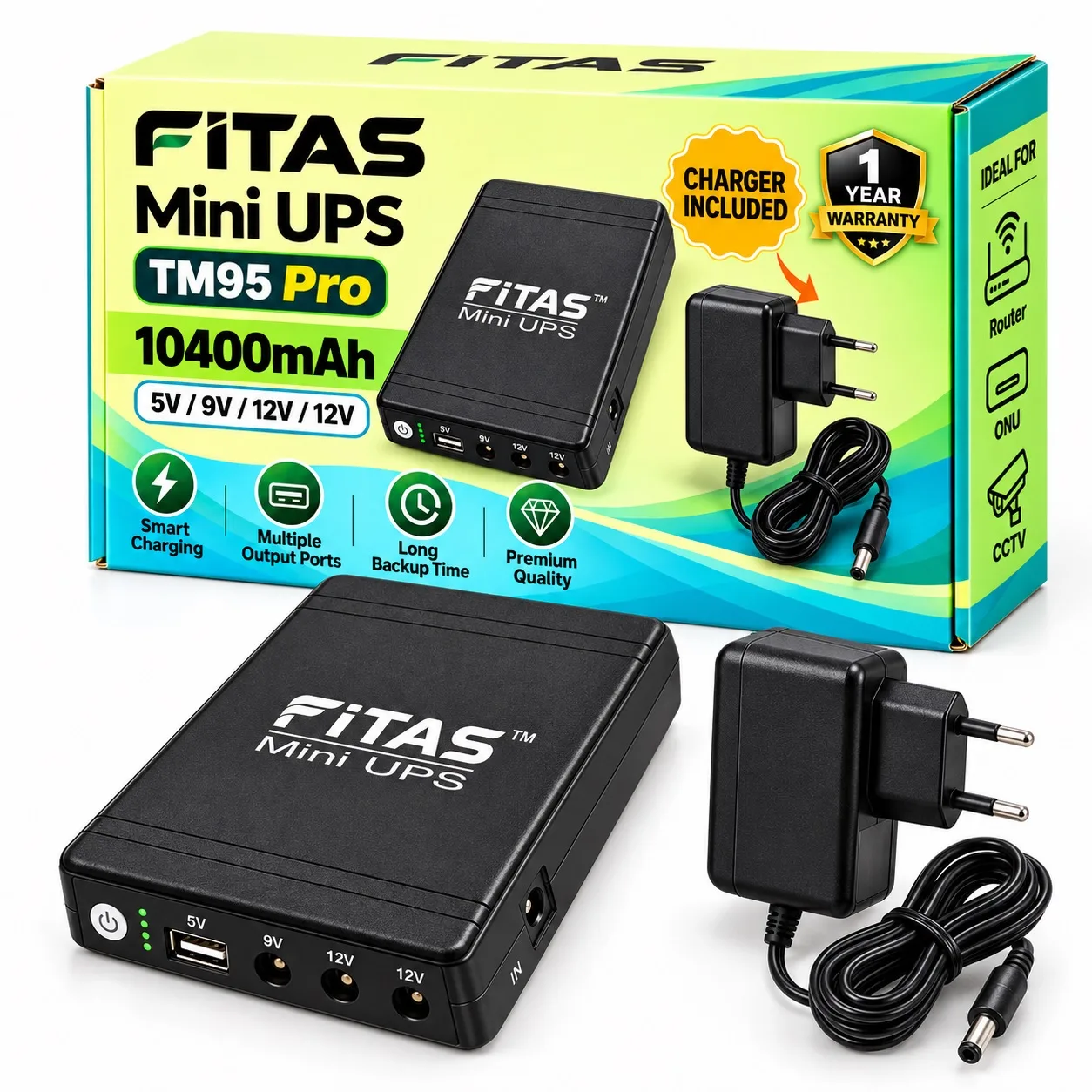 FiTAS TM95 Pro 10400mAh Mini UPS for Router, ONU & CCTV with Adapter