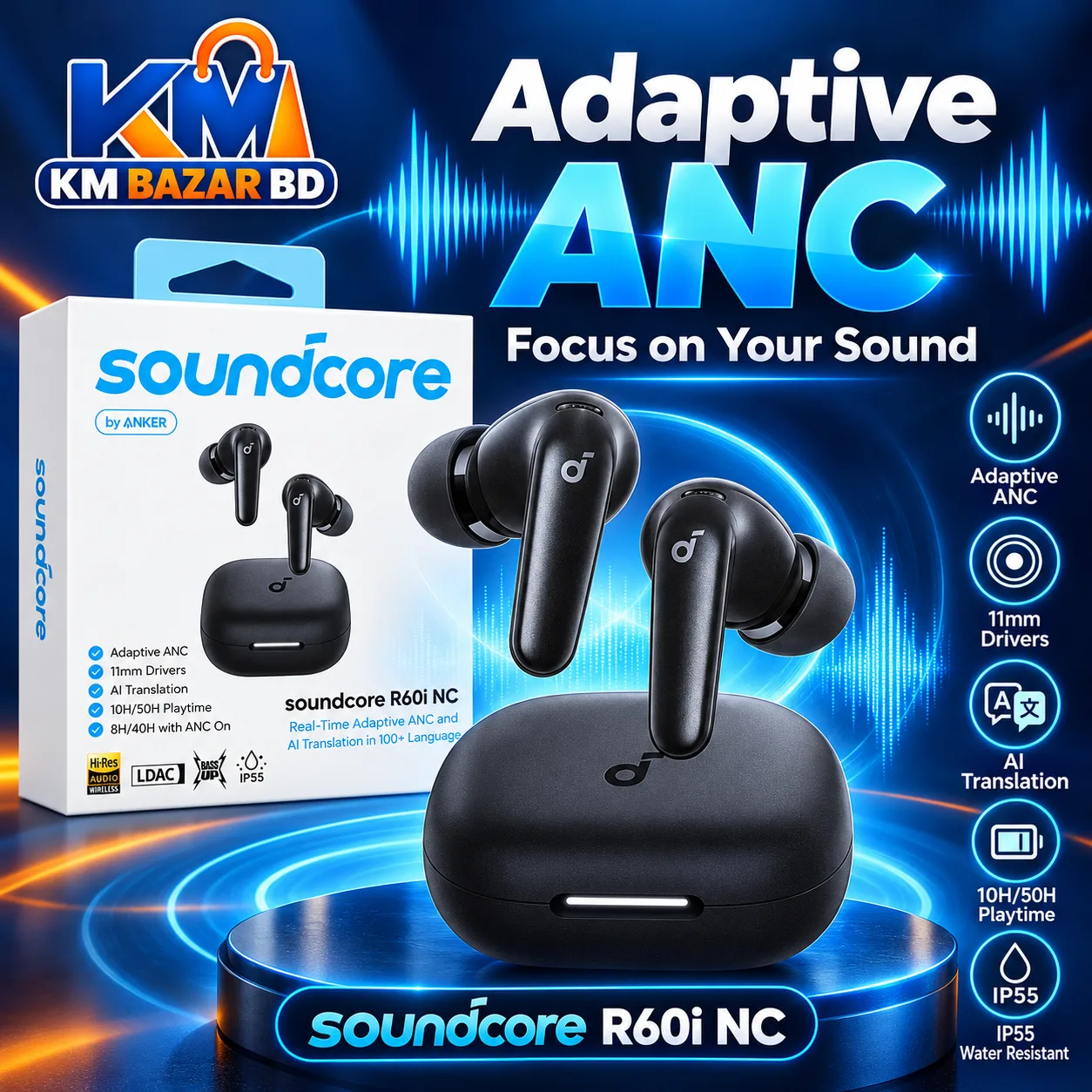 Anker Soundcore R60i NC Wireless Earbuds – Adaptive ANC, LDAC & 50H Playtime