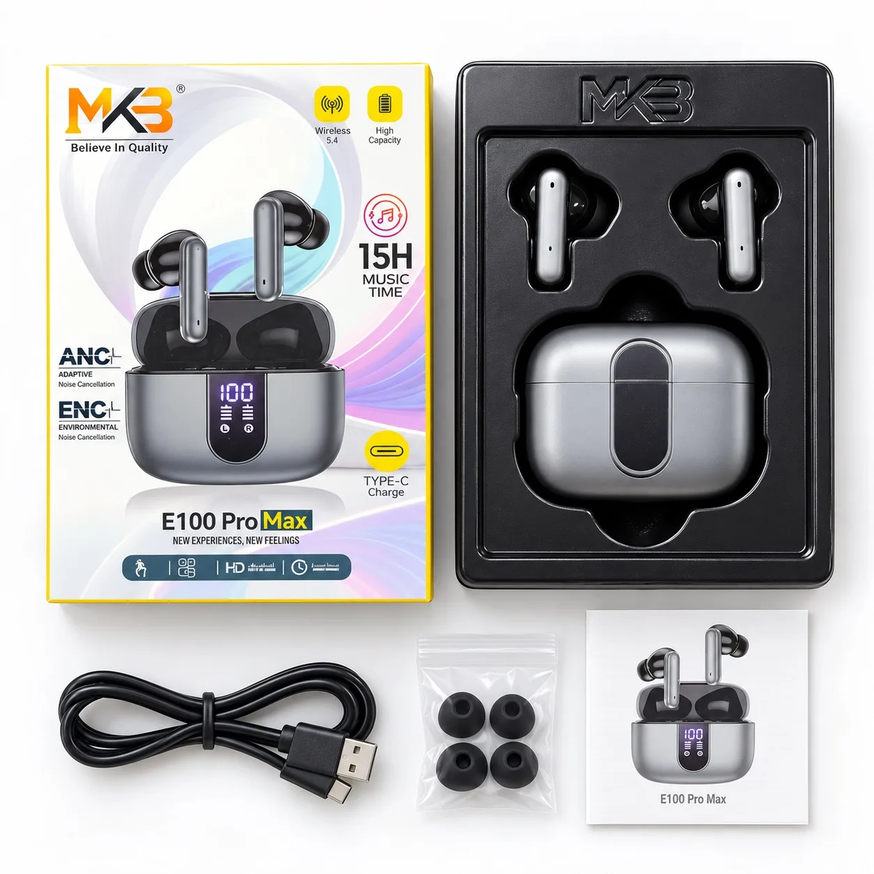 MKB E100 Pro Max ANC & ENC Wireless Earbuds with Digital Display
