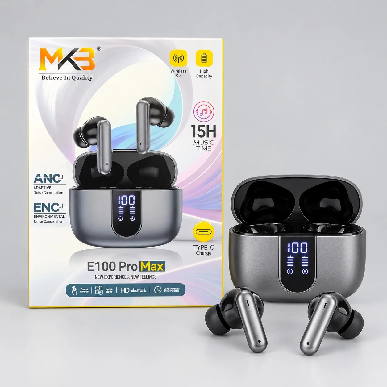 MKB E100 Pro Max ANC & ENC Wireless Earbuds with Digital Display