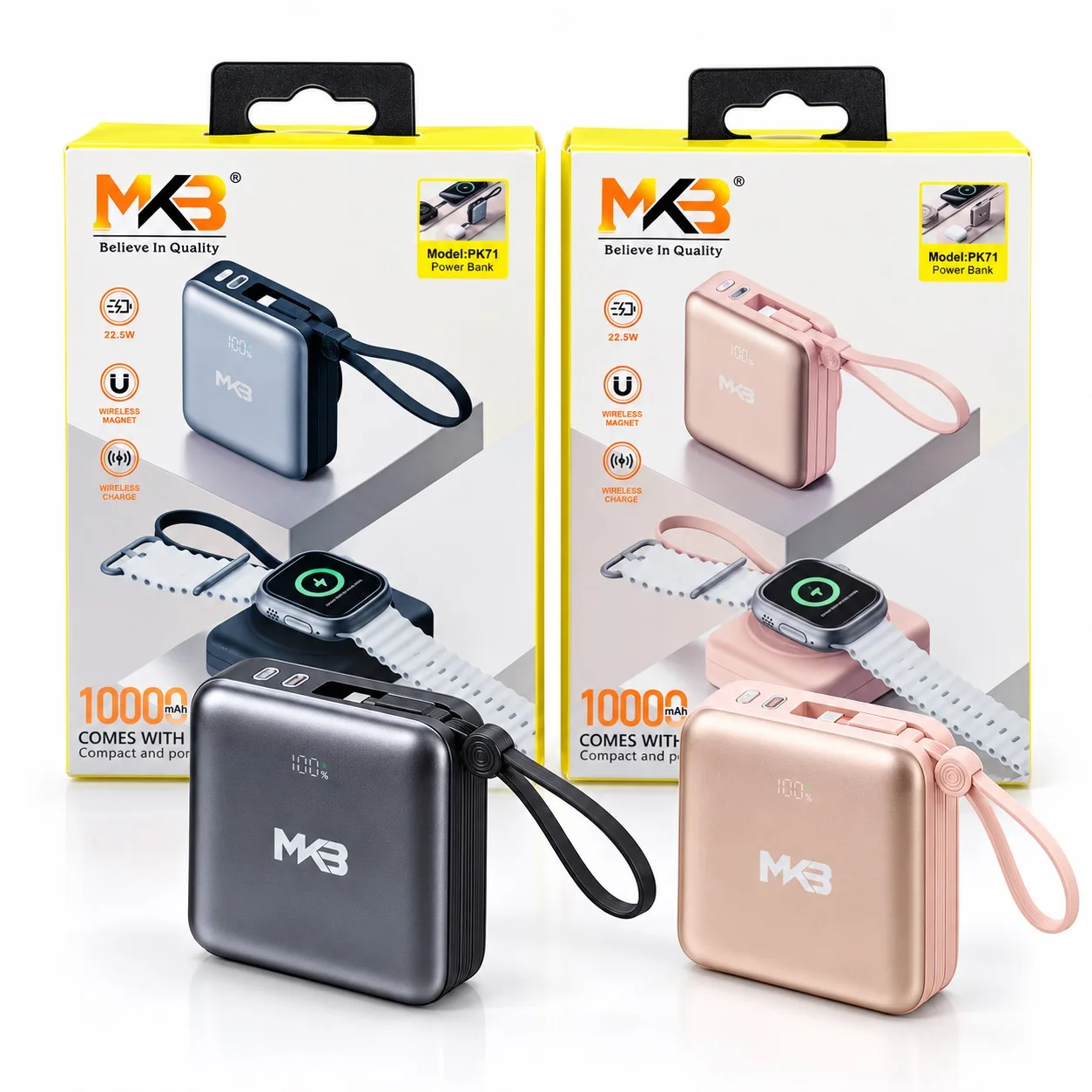 MKB PK71 10000mAh 22.5W Magnetic Wireless Power Bank with Built-in Cables