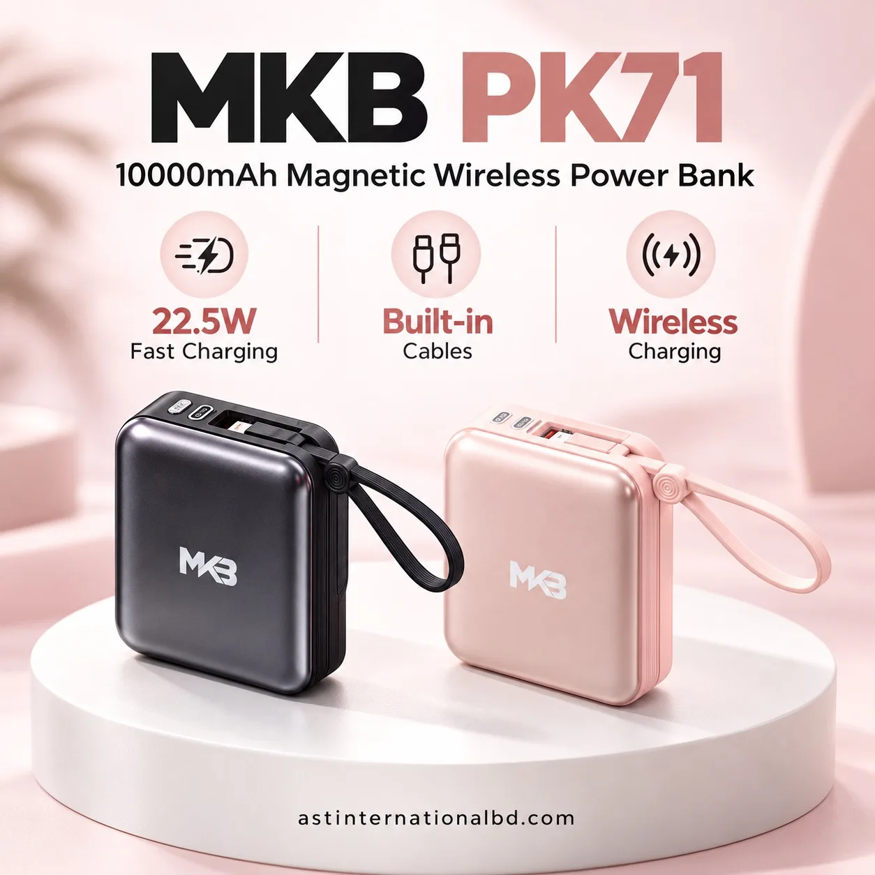 MKB PK71 10000mAh 22.5W Magnetic Wireless Power Bank with Built-in Cables