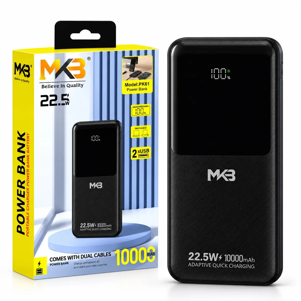 MKB PK61 10000mAh 22.5W Fast Charging Power Bank with Dual Built-in Cables