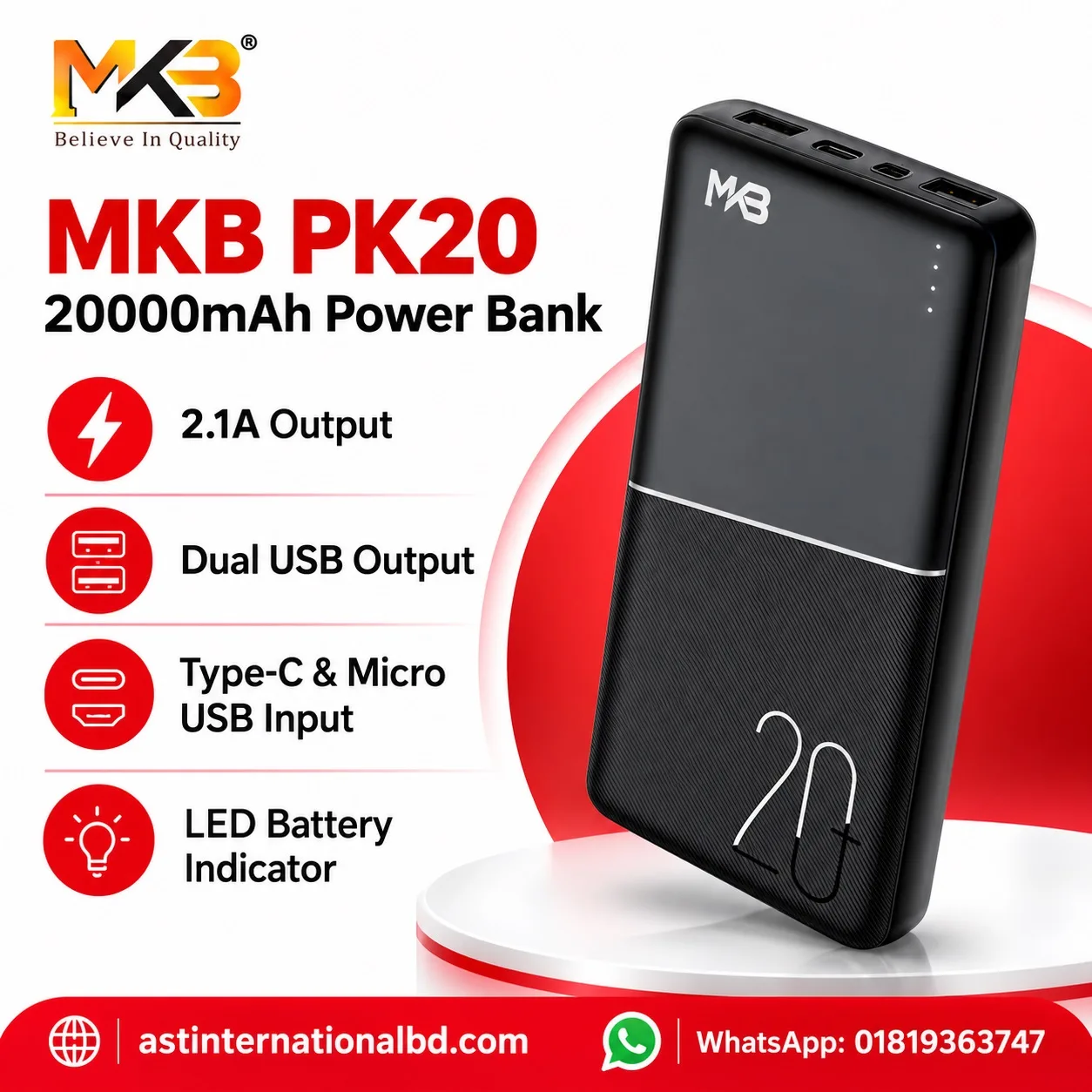 MKB PK20 20000mAh Power Bank with Dual USB Output & LED Indicator