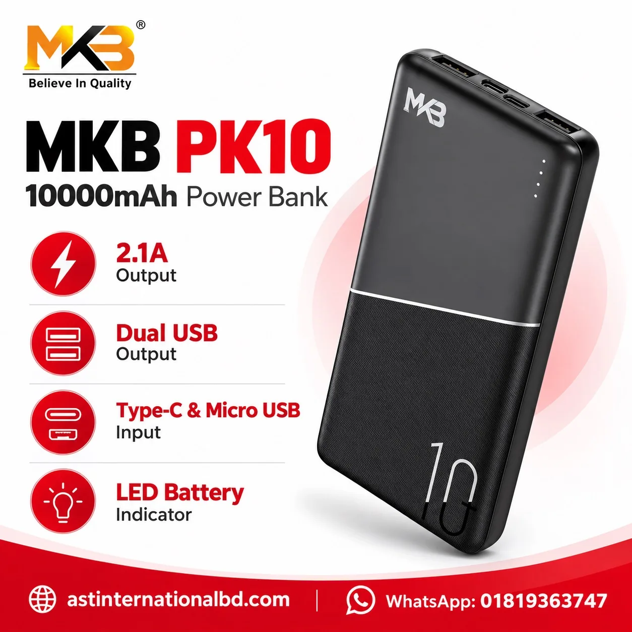 MKB PK10 10000mAh Power Bank with Dual USB Output & LED Indicator