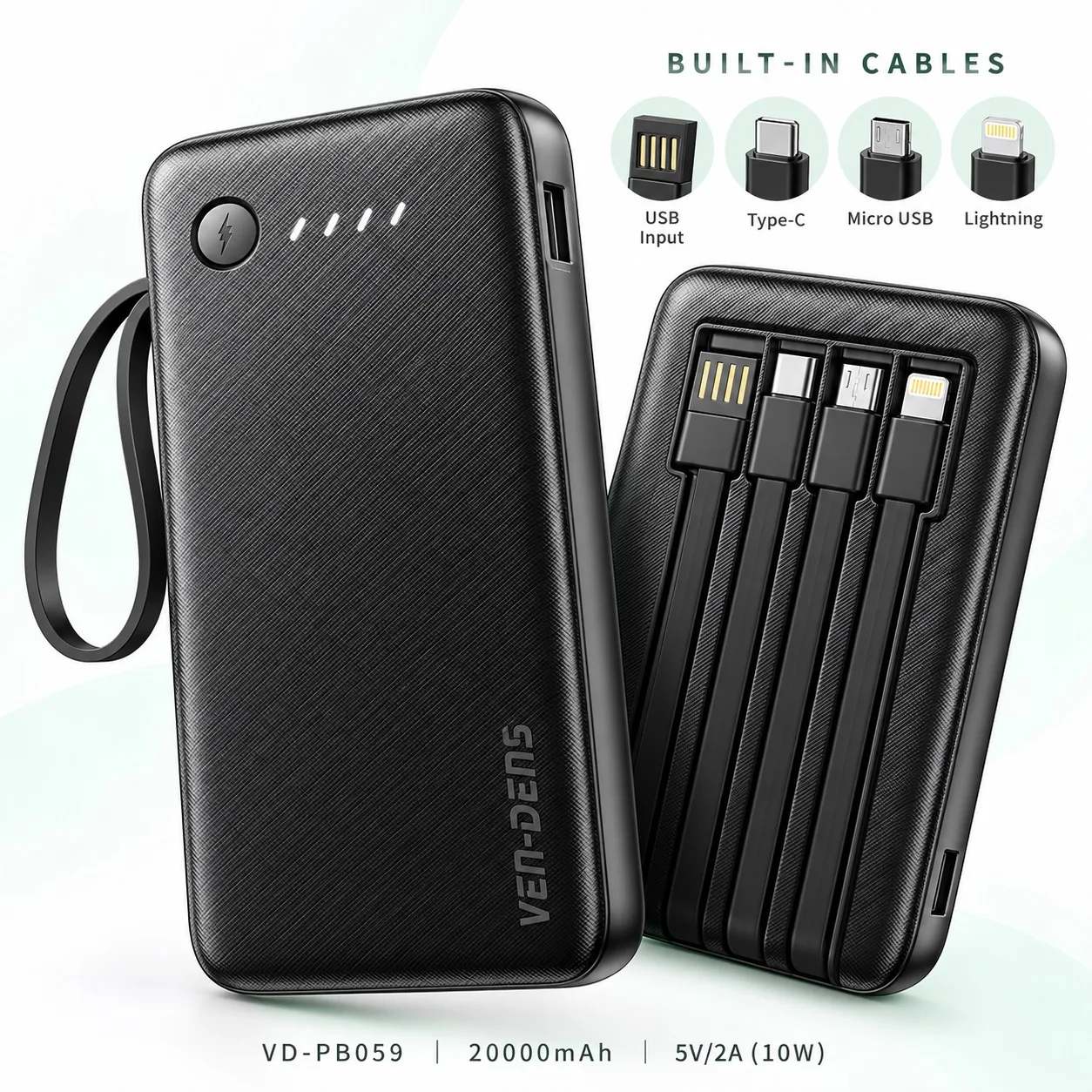 VEN-DENS VD-PB059 20000mAh Power Bank with Built-in Cables