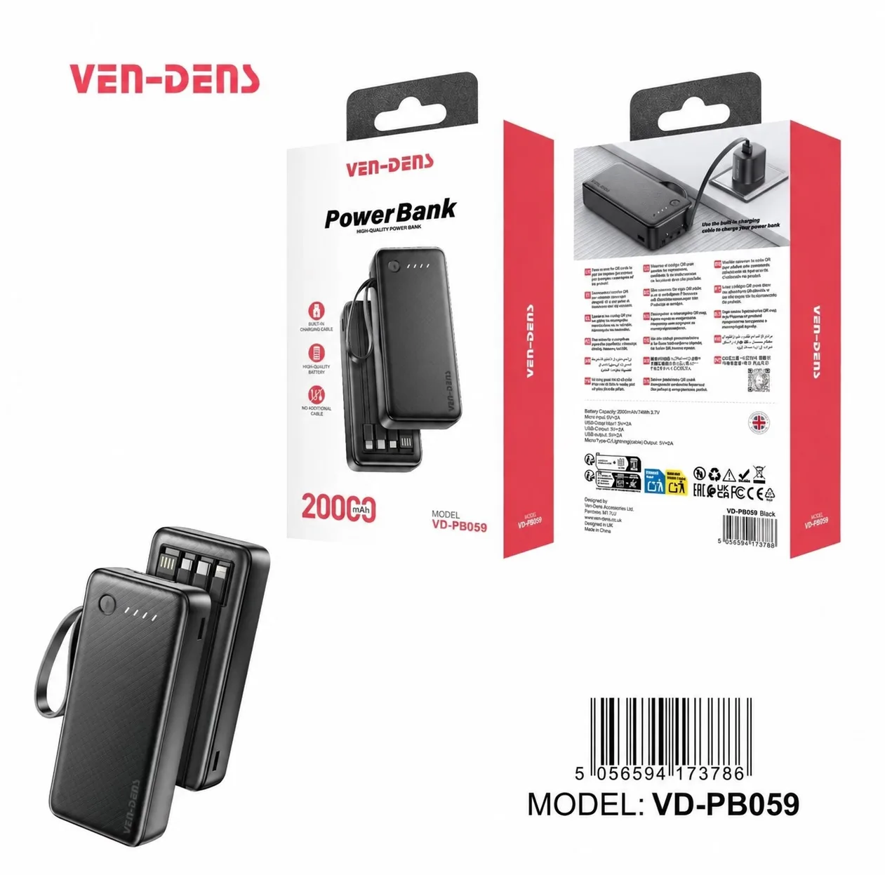 VEN-DENS VD-PB059 20000mAh Power Bank with Built-in Cables