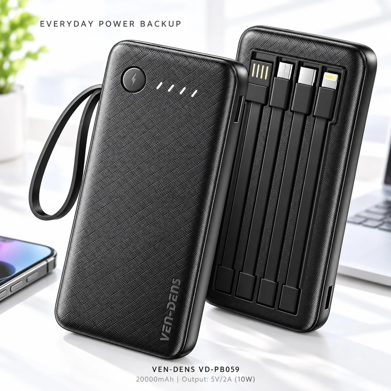 VEN-DENS VD-PB059 20000mAh Power Bank with Built-in Cables
