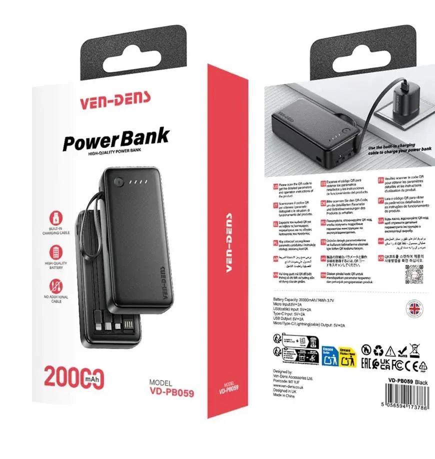 VEN-DENS VD-PB059 20000mAh Power Bank with Built-in Cables