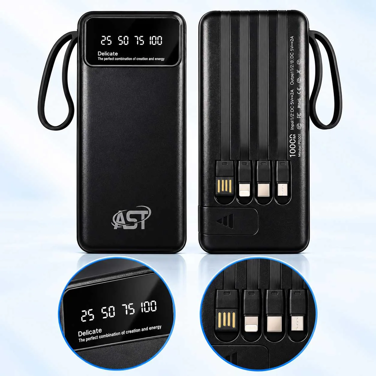 AST PB001 10000mAh Power Bank with Built-in 3-in-1 Cable & Digital Display