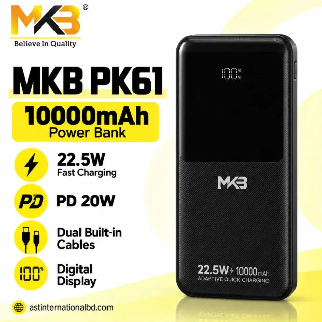 MKB PK61 10000mAh 22.5W Fast Charging Power Bank with Dual Built-in Cables